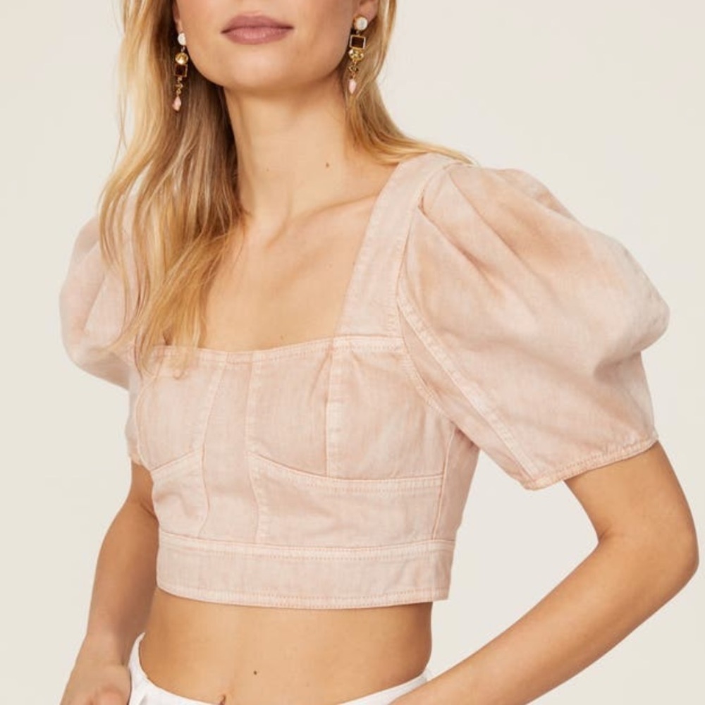 Ulla Johnson Renee Square Neck Denim Puff Sleeve Corset Cropped Top Pink Sz 0